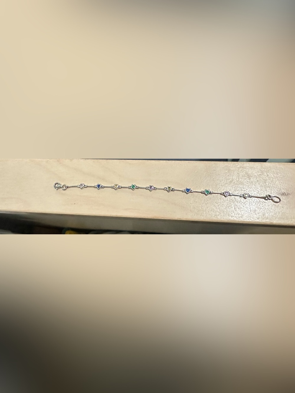 Sterling Silver Heart Station Bracelet with Blue, Green, and Pink Stones
